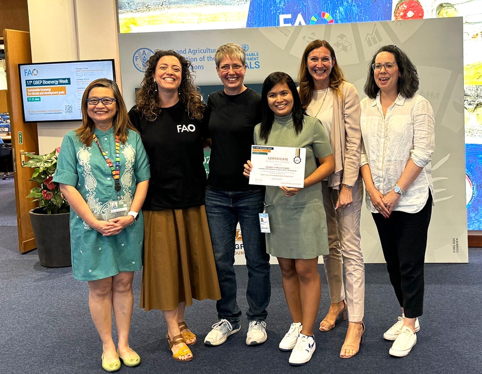 (from left to right) Josyline C. Javelosa (agriculture attaché and deputy permanent representative to Rome-based Agencies of the United Nations), Tiziana Pirelli (coordinator, secretariat GBEP), Mirjam Röder (professor, EBRI), Czaneil Gomez, Michela Morese (energy team leader and senior natural resources officer, FAO), Katie Chong (senior lecturer, EBRI) [photo credit: Dr. Mirjam Röder]